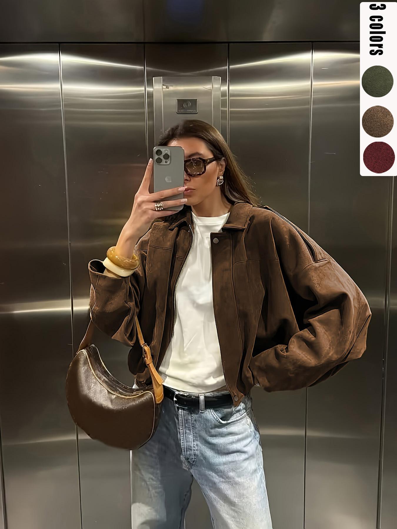 Women's Fall Winter Loose Fitted Suede Jacket, Short Batwing Sleeve Bomber Coat, Plain Leather Look Top, Zipper Neckline, Long Sleeve Vintage Style, Everyday