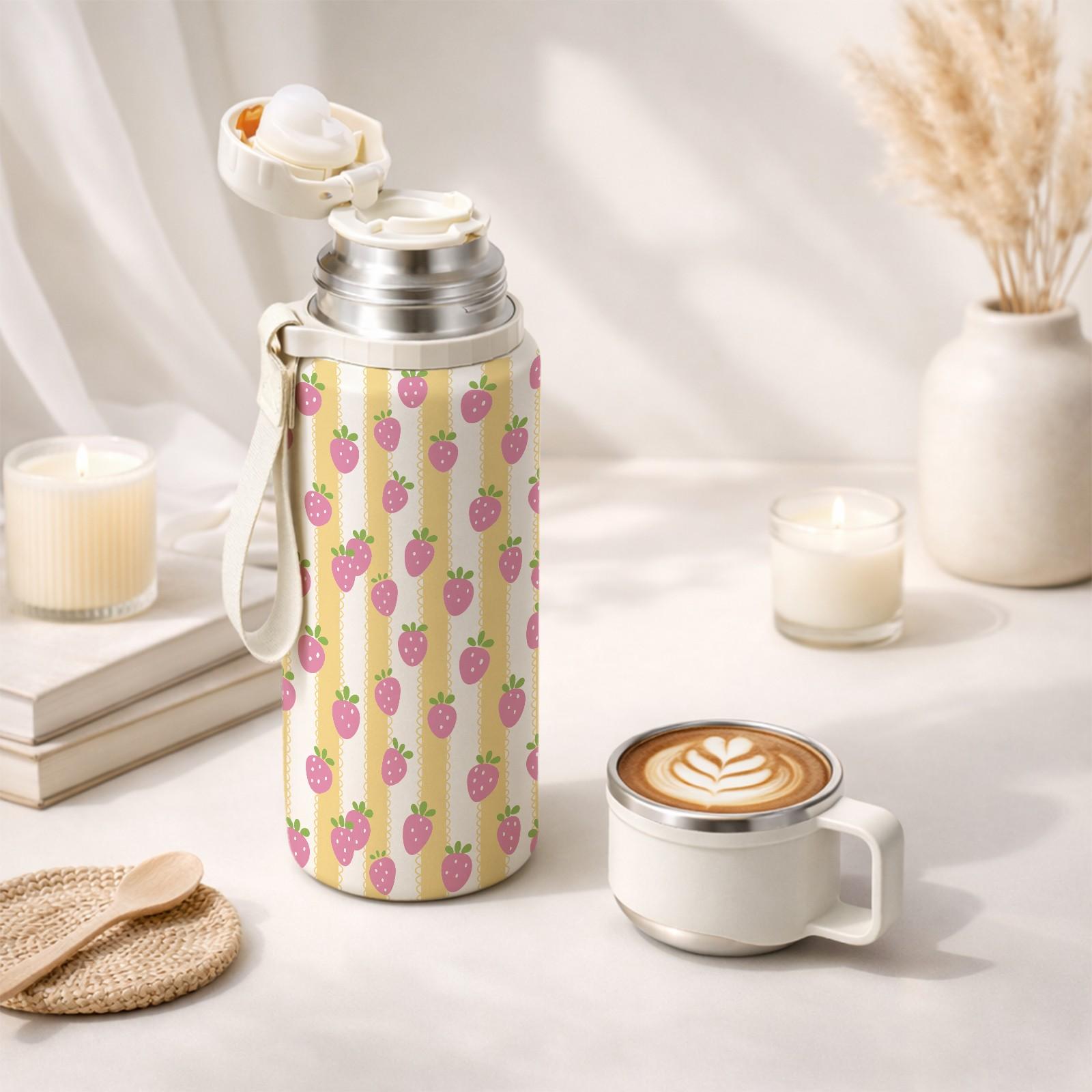 1 Pc Vacuum Mug, 600ml Thermal Mug, Double Wall Insulated Cup, Leak Proof Skinny Tumbler With Handle And Strap, 48 Hours Hot 24 Hours Cold, Portable Travel Mug For Coffee Tea Milk, Gift For Women Men Holiday Daily Use