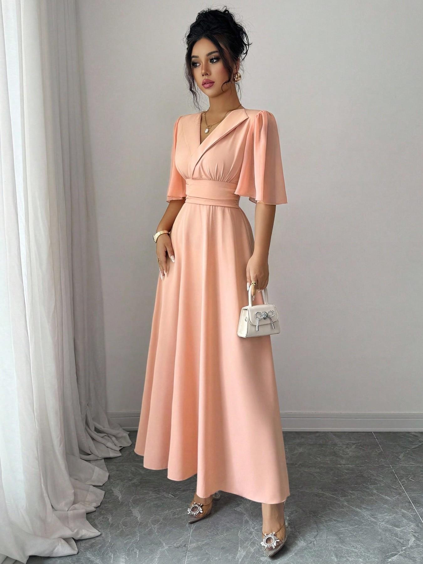 New Women's Lapel Neckline Dress, Waist Ruched Back Tie Chiffon Patchwork, Peplum Sleeves Design, Casual Elegant Chic Summer Dress