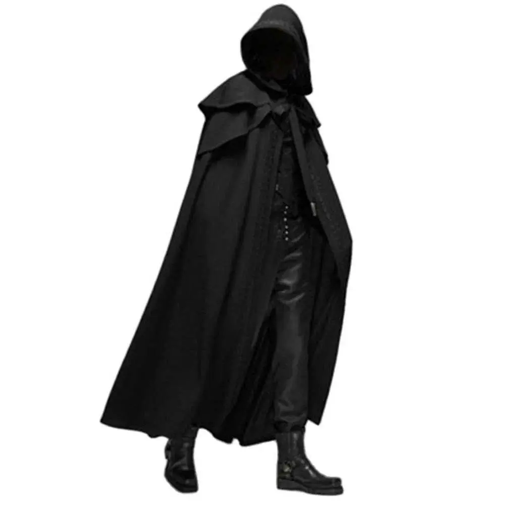 Halloween Medieval Vintage Hooded Loose Black Cloak Coats Windproof Trench Chic Winter Long Cape Poncho Gothic Mens Monk Cosplay