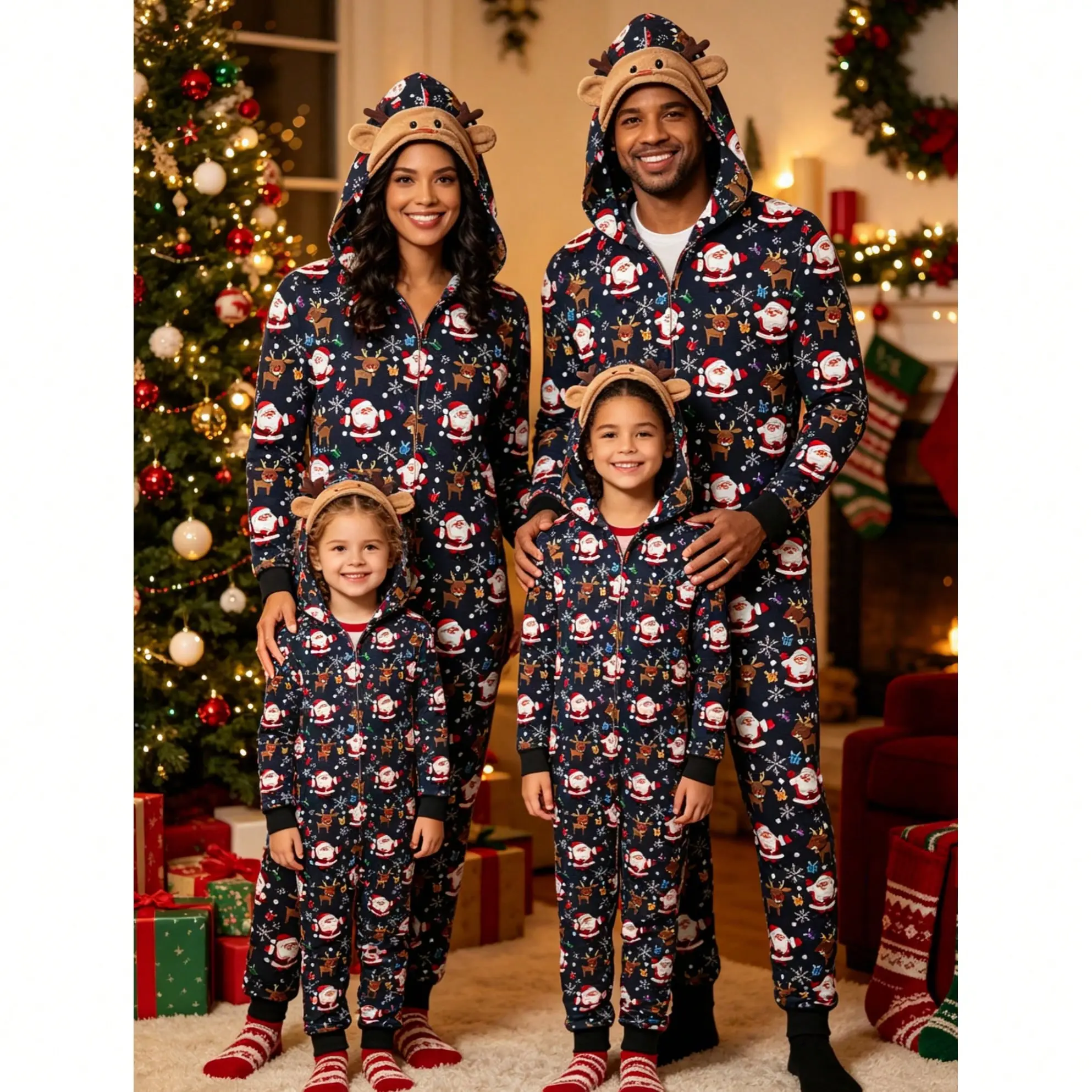 Family Matching Christmas Jumpsuits Pajamas Letter/Santa/Tree/Print Hooded Long Sleeve Playsuits Holiday Zipper Long Rompers Xmas Loungewear