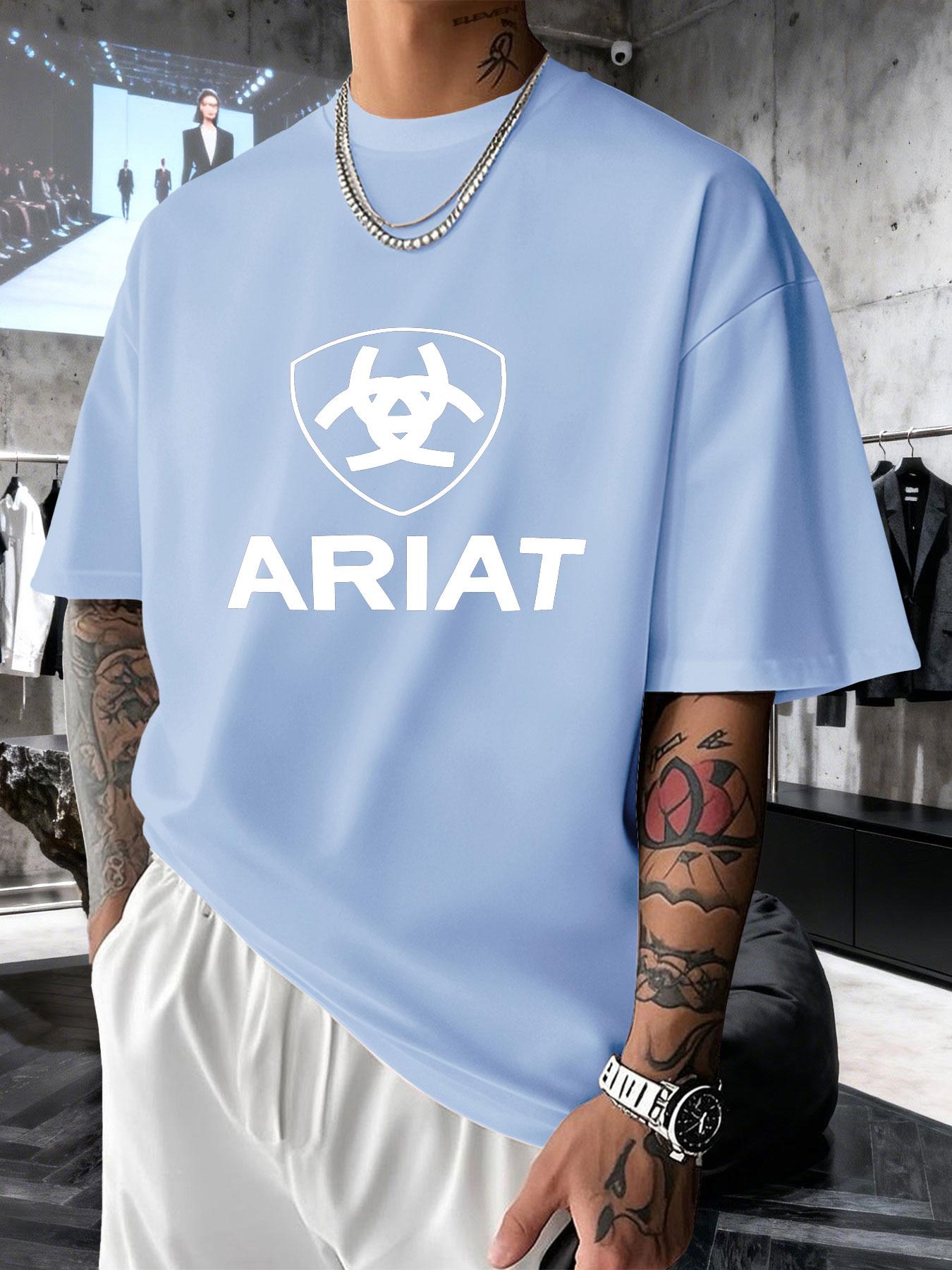 Men's Short Sleeve T-Shirt Summer Ariat Shield Logo Print, Western Cowboy Style Loose Fit Top, Casual Long Clothing for All Seasons