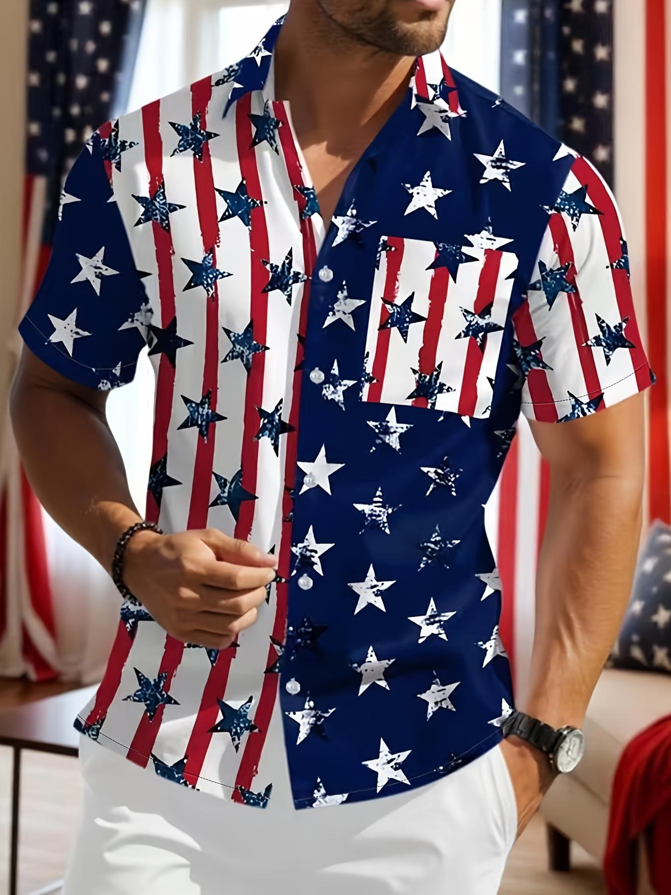 Men'S Short-Sleeve Shirt with Flag Print, Perfect for a Holiday Vibe And Casual Gatherings