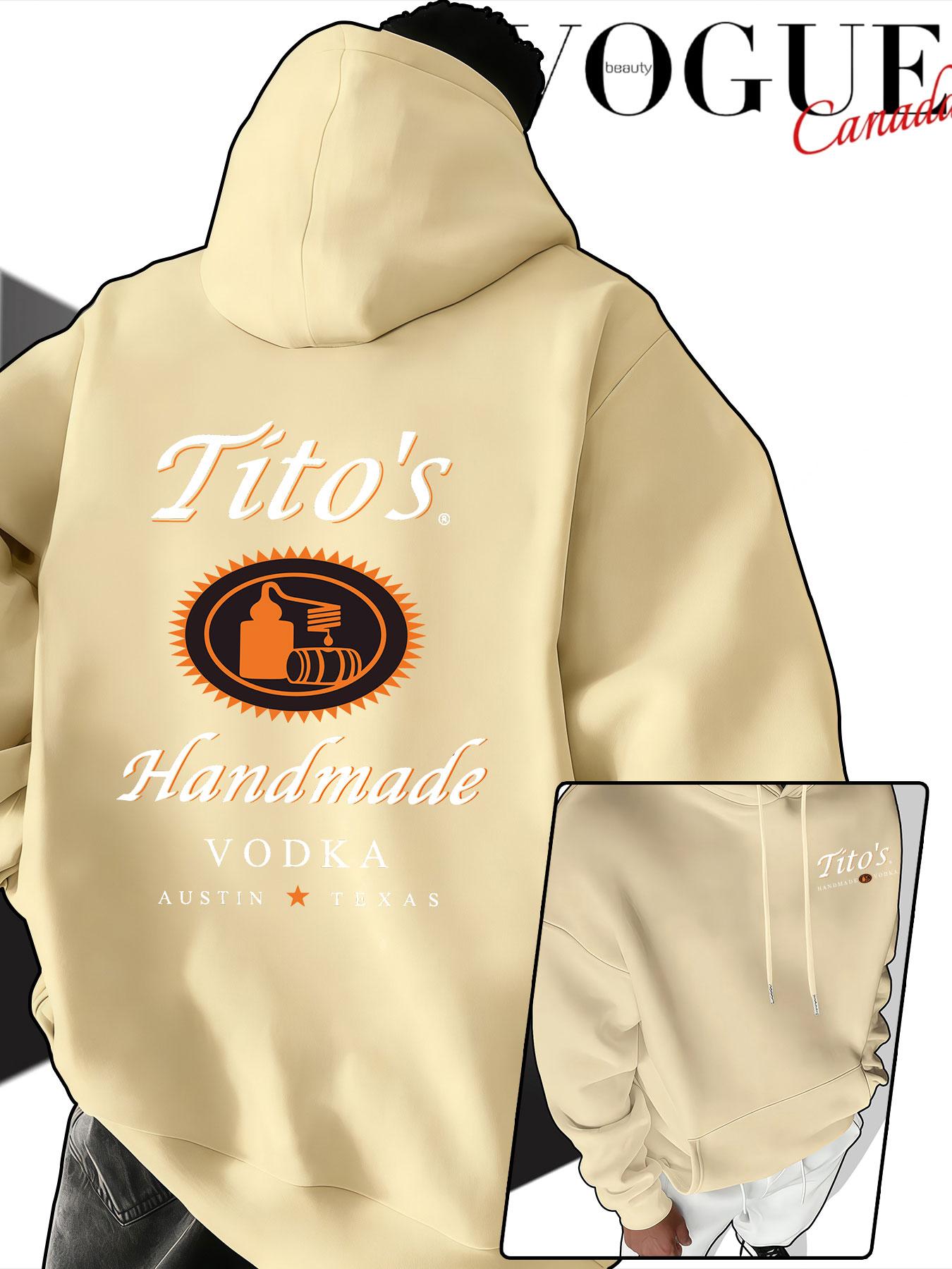 Men's Hooded Sweatshirt Fall & Winter, Tito's Handmade Vodka Print, American Vintage Loose Fit, Couples' Drop Shoulder Pullover