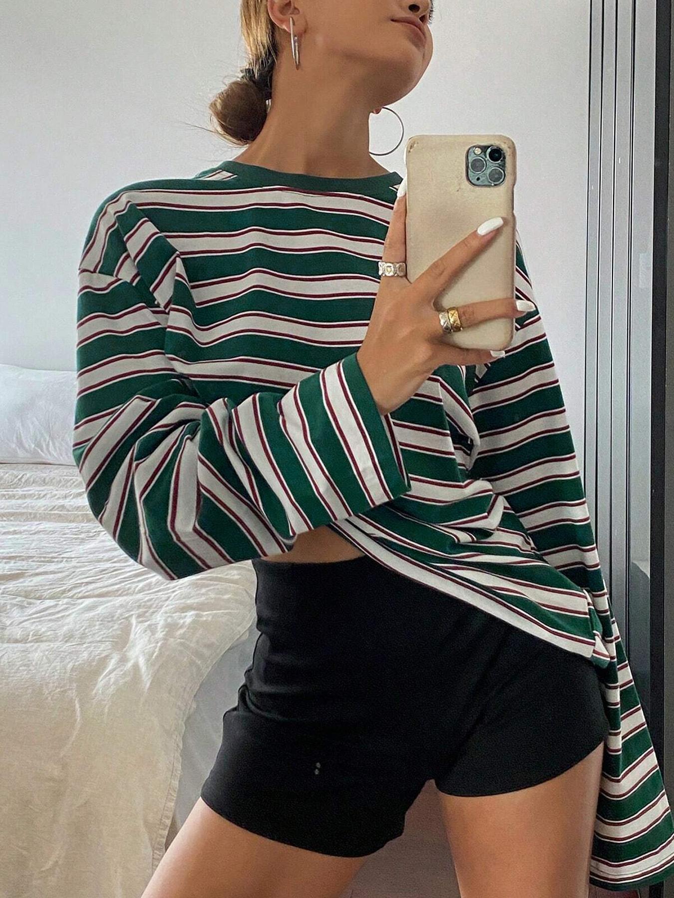 Women's Striped Long Sleeve Round Neck Loose Fit T-Shirt, All Seasons Fashion, Comfortable Casual Wear, Perfect for Daily Use