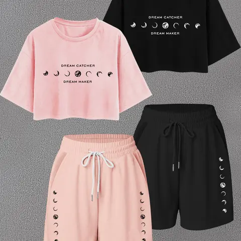 Women's Moon, Letter & Geometric Print Crop Tee & Wide Leg Shorts Set, Casual Round Neck Short Sleeve T-shirt & Shorts, Summer Outfits Clothes Set Fashion Style Sets for Outdoor Sports