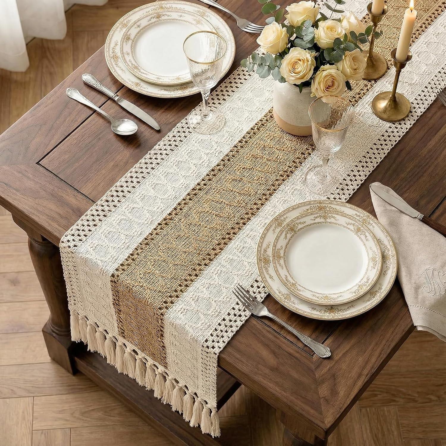 Macrame Table Runner Boho Table Runners with Tassels Hand Woven Cotton Table Runner Rustic Farmhouse Table Runners for Bohemian Kitchen Dining Table(30x183cm/12x72in)
