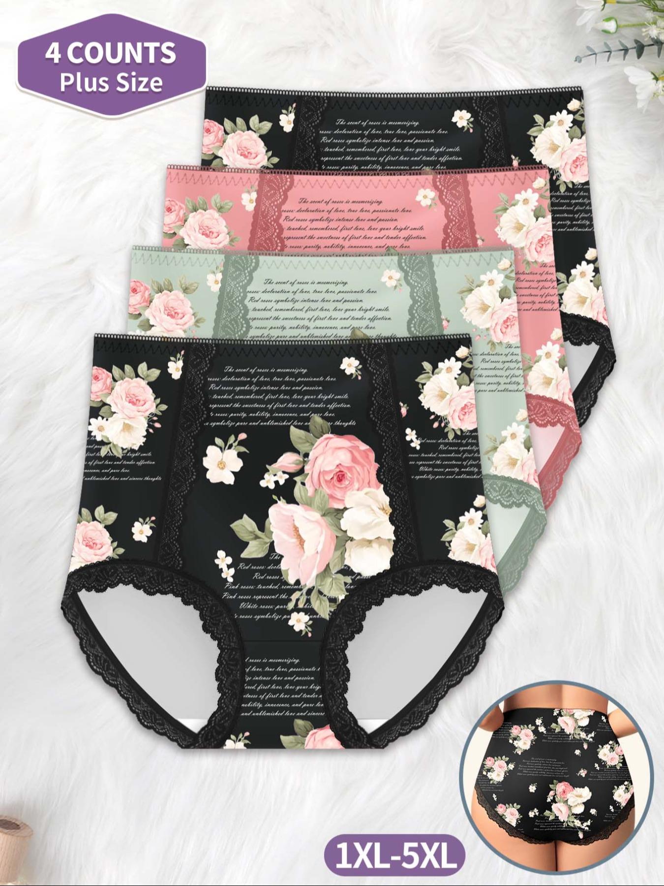 【Plus Size】 Floral Print Panty, Breathable Comfy High Waist Knicker for Daily Wear, Women's Underwear for All Seasons