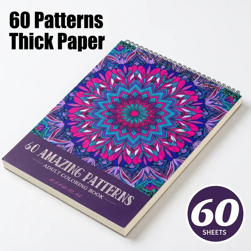 Adult Stress-Relief Coloring Book - A4 Size with 60 Mandala & Geometric Patterns, Spiral-Bound, Spiral Binding, Single-Sided Thick Paper, Ideal for Adult Coloring & Gifting on Birthdays/Christmas, Color Books