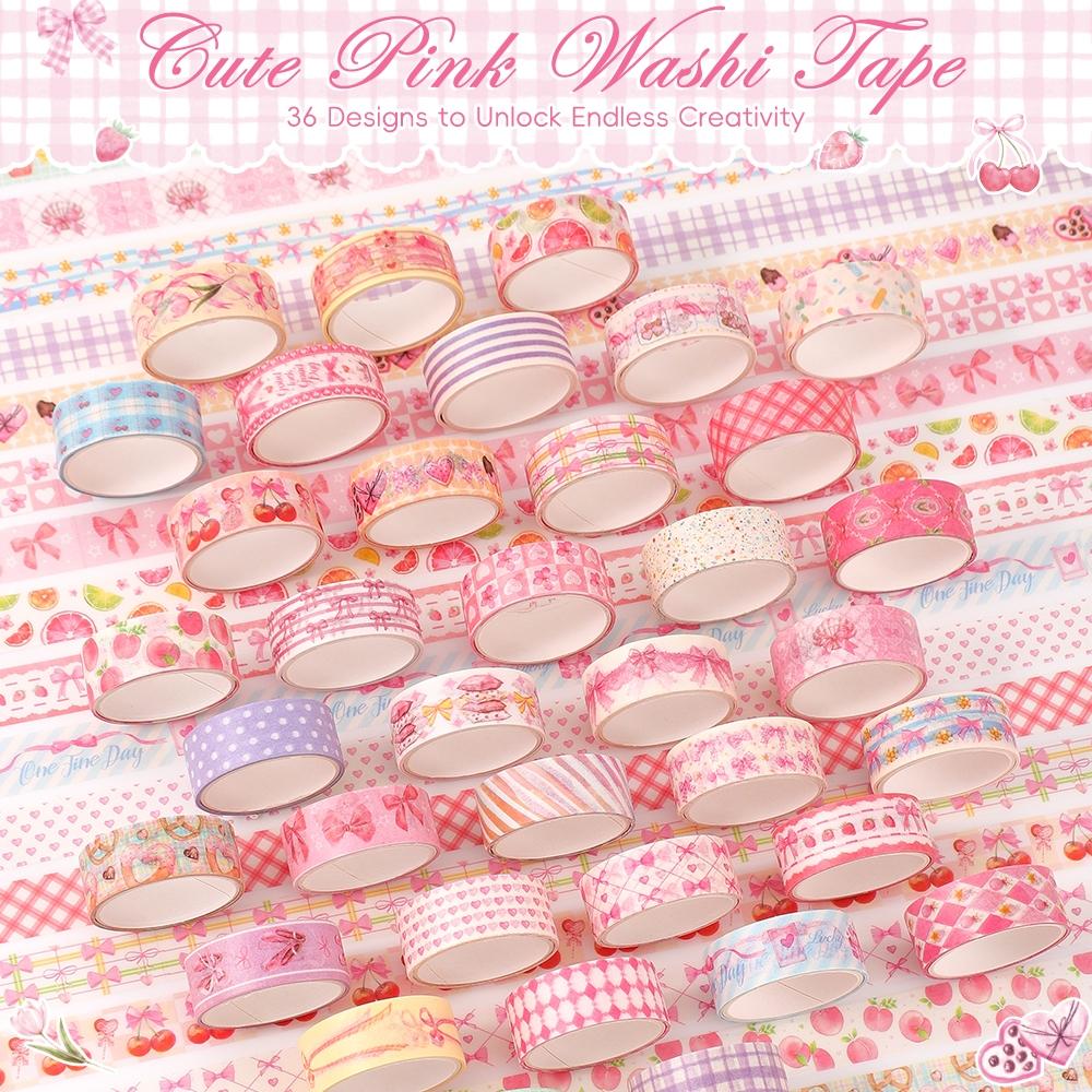 36 Rolls Pink Washi Tapes Set, Cute Butterfly, Gingham, Cherry & Dessert Pattern Decorative Masking Tapes for Scrapbooking, Journaling, DIY Crafts, Bullet Journal Supplies, Valentine's Day and Christmas Gifts, Scrapbook Materials