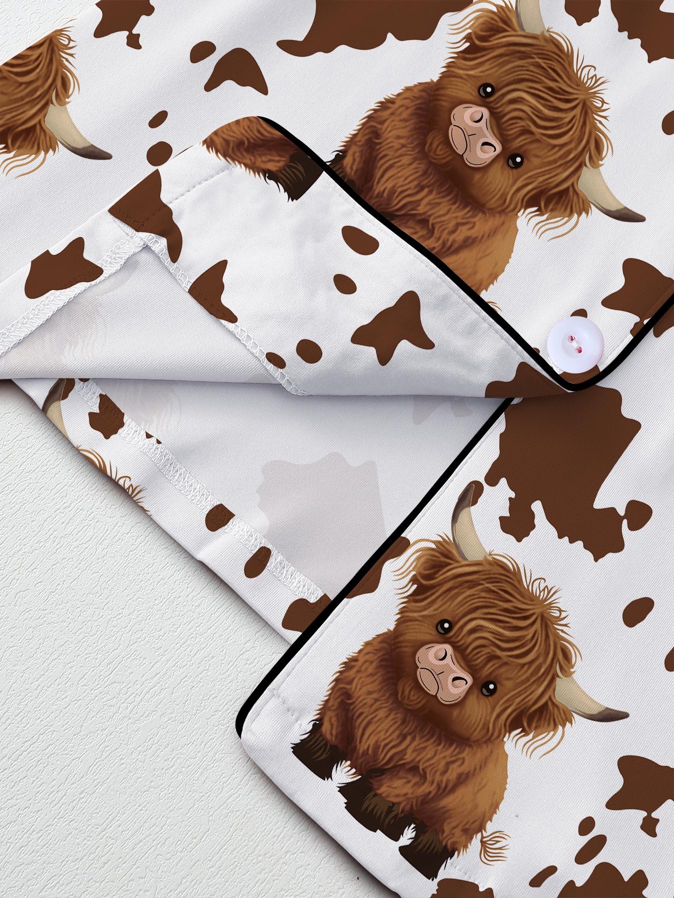 【Highland cattle】Women's Cartoon Cow Print Pajama Set, Long Sleeve & Pants, Elastic Waistband, Comfortable Home Wear, Fall Winter