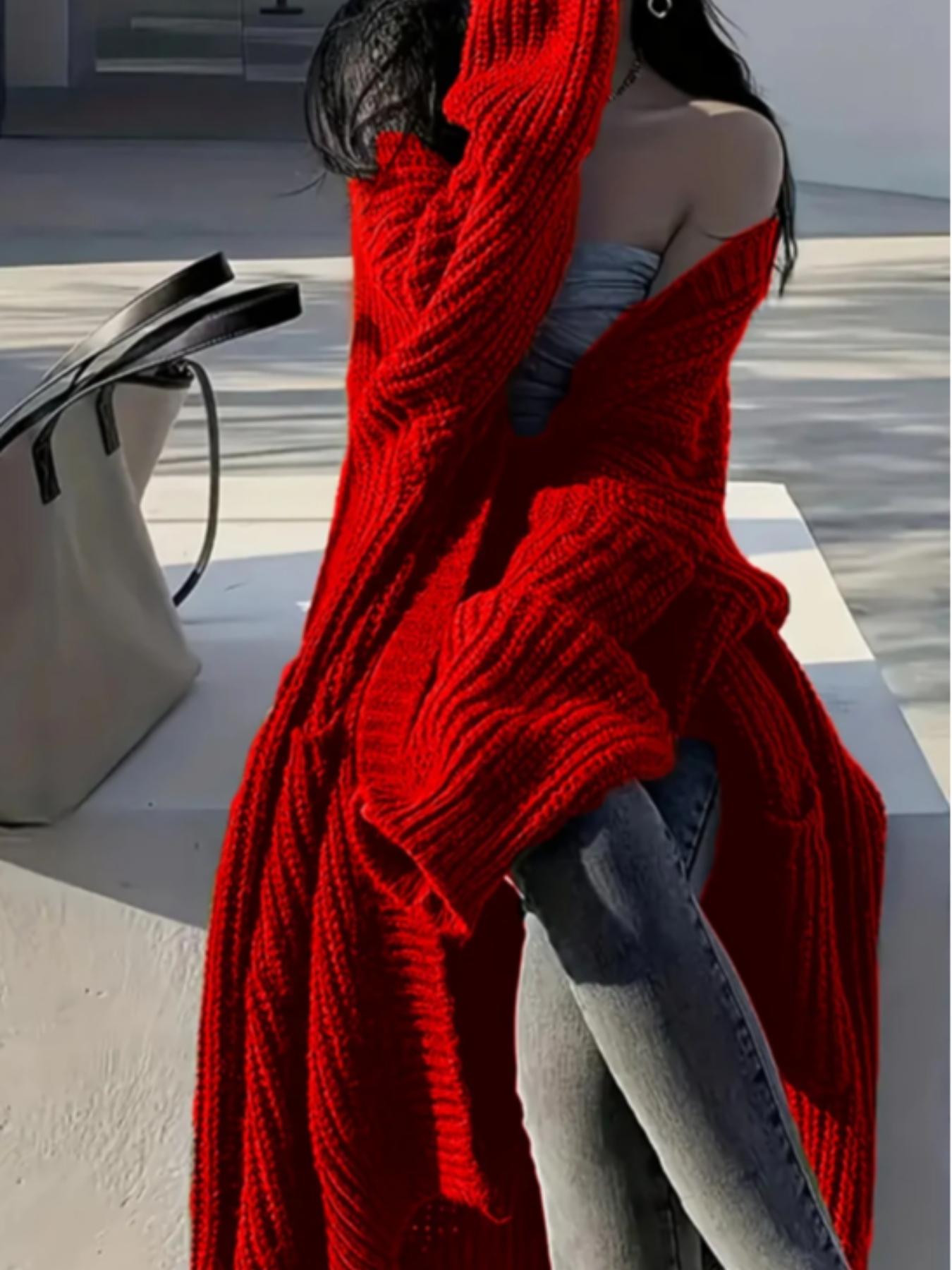 2026 Elegant Long Over Knee Sweater Cardigan For Women, Fall Winter New Casual Loose Thick Knit Coat, Trendy Fashion Outerwear, Knitted Cardigan Tops