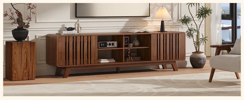 ONBRILL 60/70-Inch TV Stand for TVs up to 80 Inch, Television Stand with Power Outlet, Entertainment Center with Sliding Grille Door Cabinets and Open Shelves for Living Room【BlackFridayDeal】