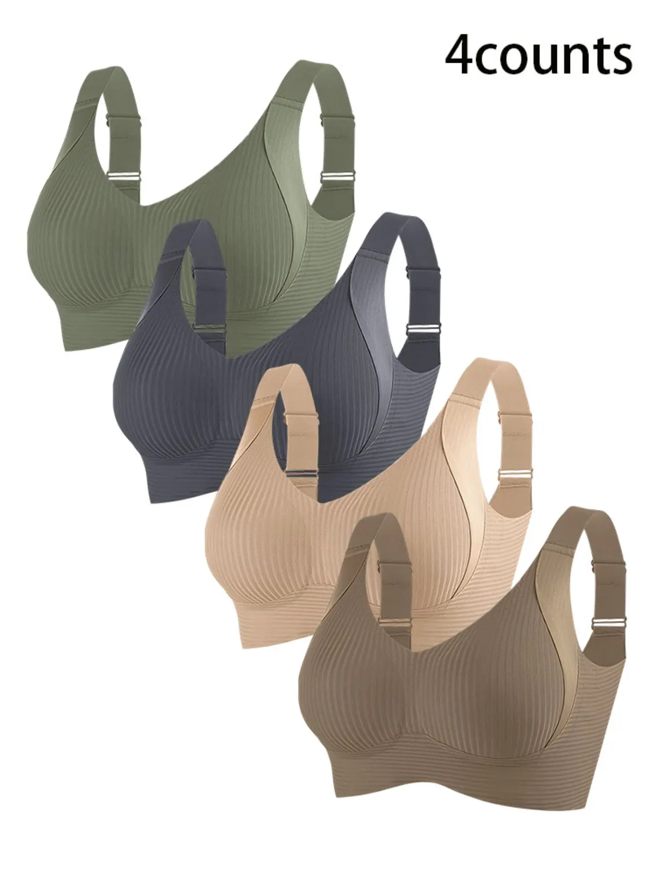 Women's Wireless Everyday Casual Comfy Bra Set, Seamless Adjustable Straps, Fixed Pads, Soft Breathable, Full Coverage, Fitted Underwear, 4 Pieces