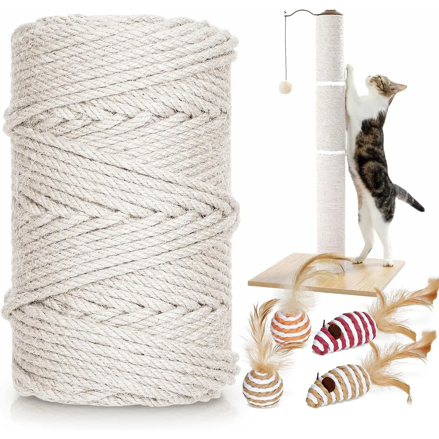 262 ft/80 m 1/5 inch 5mm Thick White Sisal Jute Hemp Rope for Cat Scratcher Post Tree Replacement DIY Craft Projects with 4 Random Colors Cat Toys