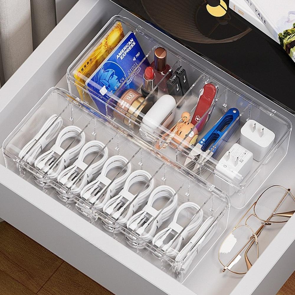 Clear Plastic Cable Organizer Boxes Desk Accessories Storage Case for Drawer, Office Supply, Electronic Management