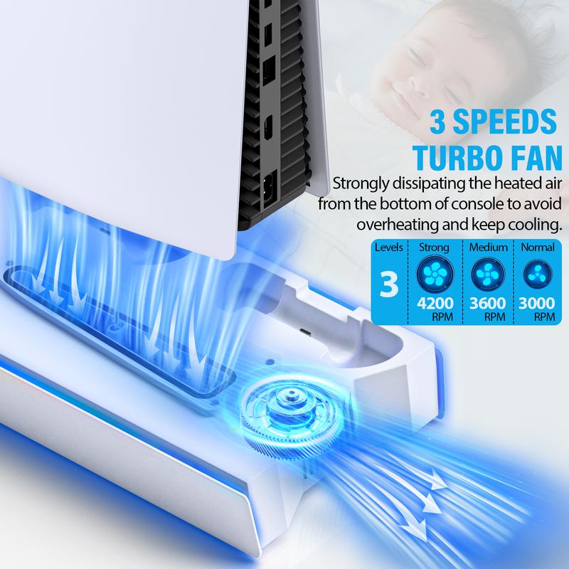 Cooling Stand for PS5 with Dual Controller Charging Base for PS5 Console Disc/Digital, 3 Levels Cooling Fan 3 USB Hub,  PS5 Accessories