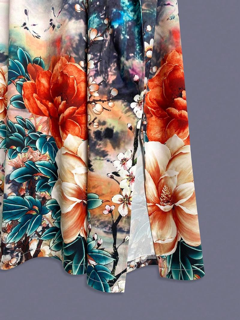 Boho Ethnic Style Crane Floral Print Long Sleeve Kimono Cardigan, Women's Elegant Casual Beach Cover-Up Jacket, Thin Windbreaker Robe Dress