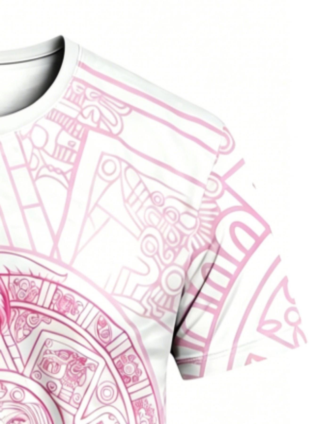 Men's Aztec Sunstone Sport T-Shirt, Mexican Tribal Style Round Neck Short Sleeve Top, Loose-Fit Geometric Pattern, All Seasons