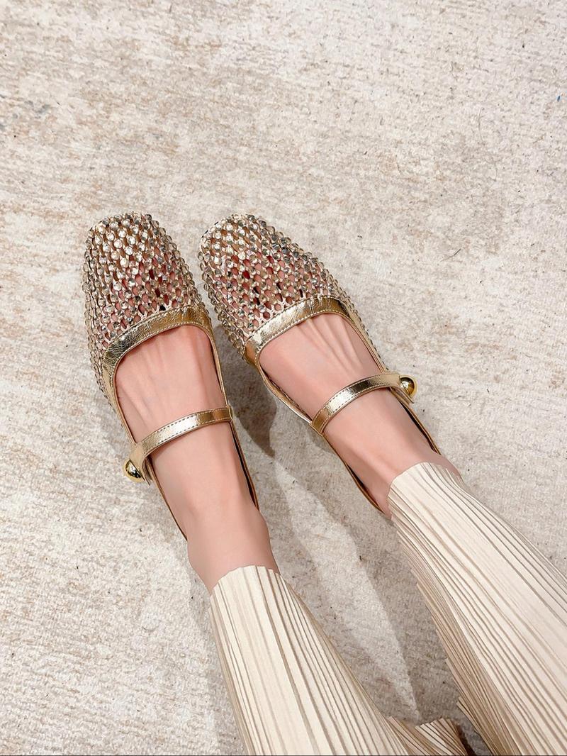 Sexy Hollow Out Mesh Draped Elevator Fairy Style Square Toe Strap Flat Shoes, Elegant Back Cutout, Spring & Fall, Medium Width