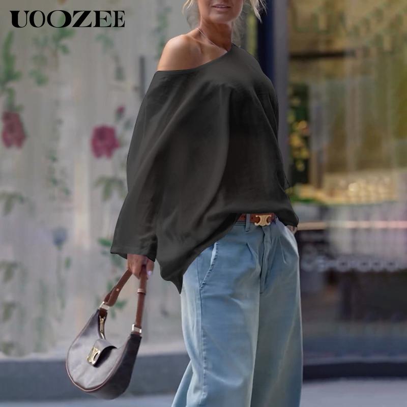 UOOZEE Women's Summer Cotton Blouses - Off Shoulder Long Sleeve Tops in Solid Color for Casual Wear High-Quality Material Multiple Color Options T-shirts