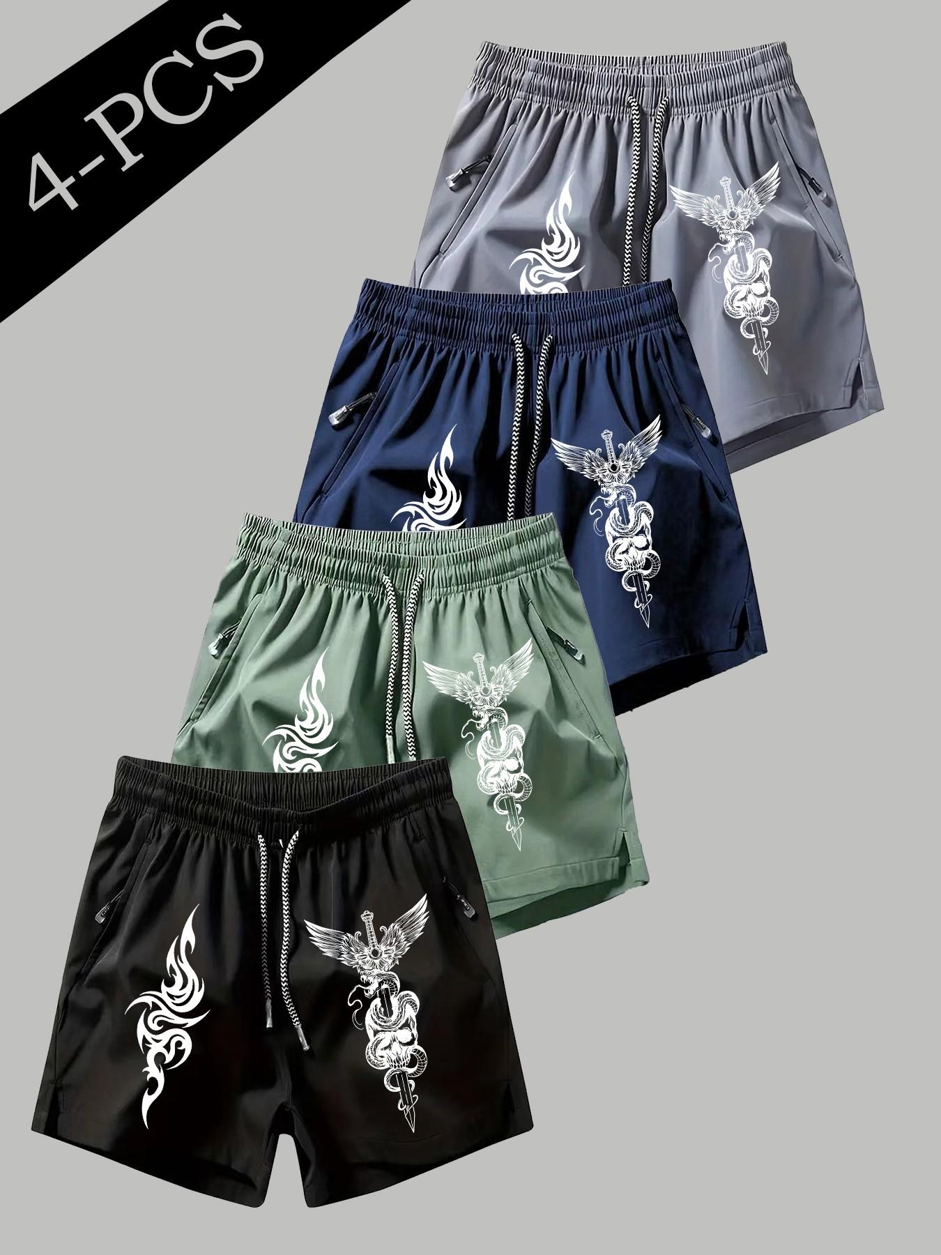 4 Pcs Men's Skull Snake Print Shorts, Drawstring Waist, Zip Pocket, Breathable Lightweight, Sporty Slim Fit, All Seasons