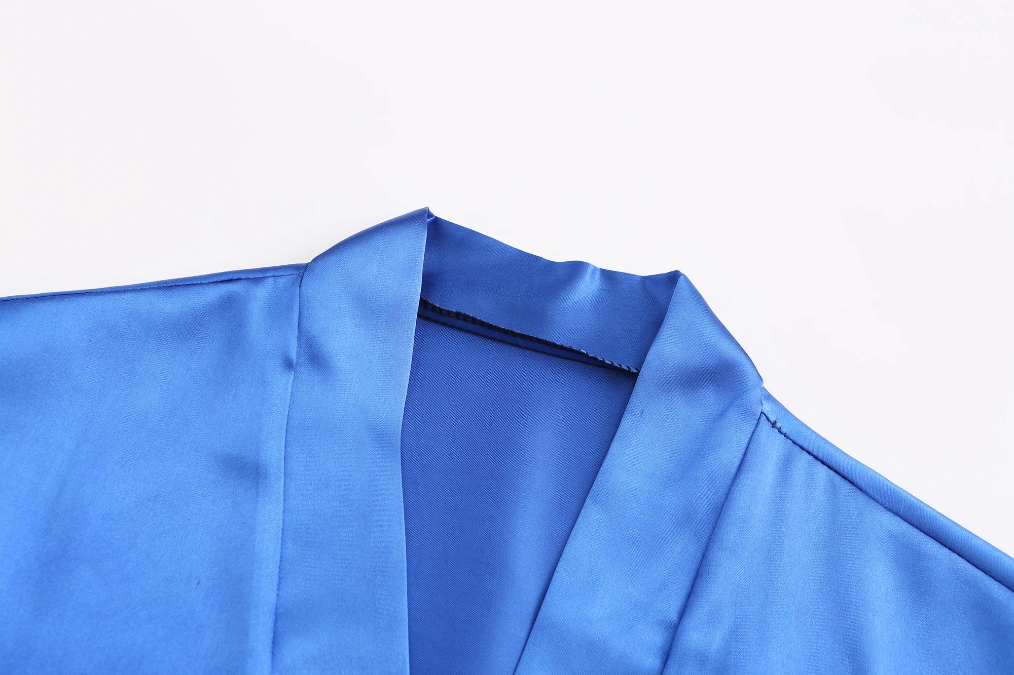 Team Bride Satin Kimono Lounge Robe, Royal Blue Bridesmaid Bathrobe with White Letters, Wedding Party Stress Relief Loungewear