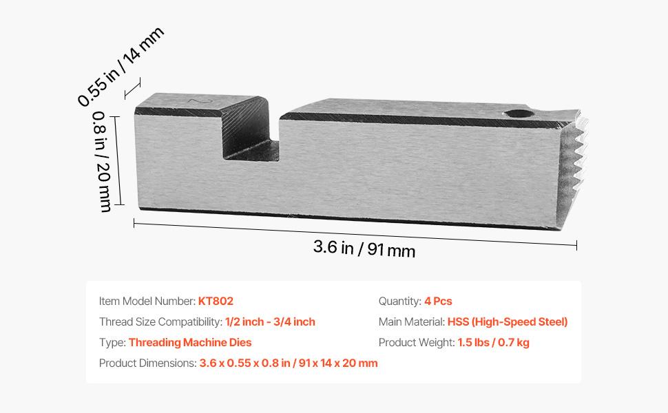 VEVOR Threading Machine Dies, 1/2-3/4 NPT Pipe Dies(4 Packs), Right-Handed HSS Pipe Threading Dies, Fit VEVOR Integrated Pipe Threading Machines