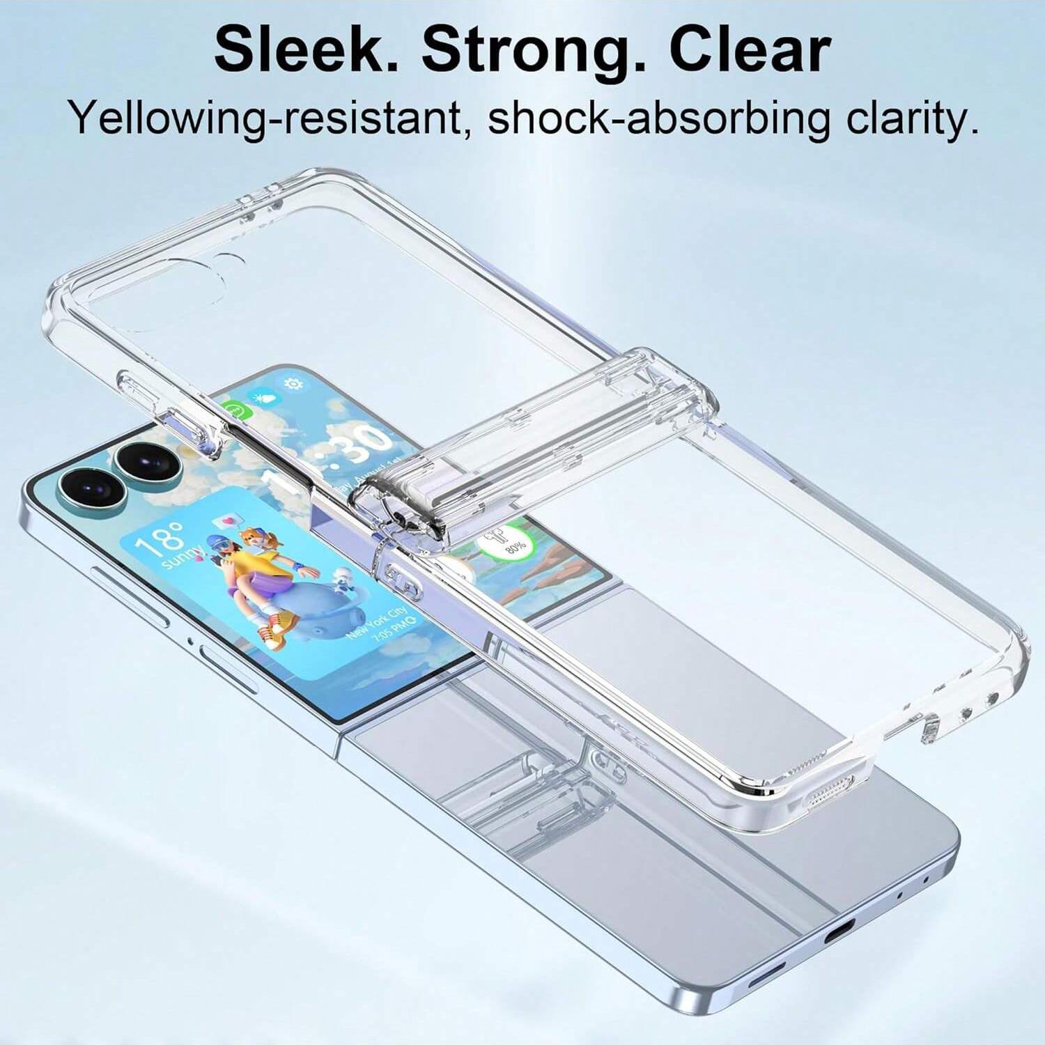 Transparent phone case with hinge protection, protective film, and hard PC back panel to protect the phone. Suitable for Samsung Galaxy Z Flip7, Z Flip7FE, Z Flip6, Z Flip5