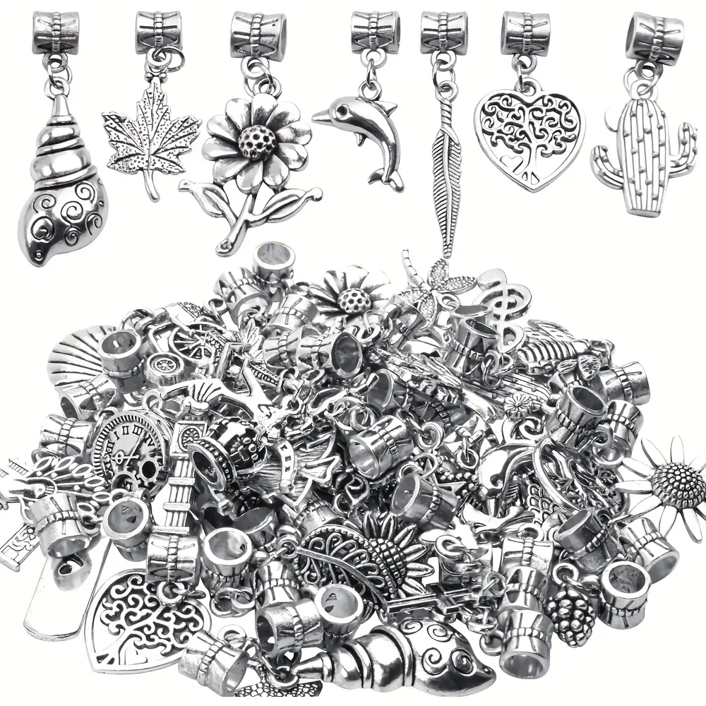 100pcs Retro Random-Style Large-Hole Alloy String Beads with Pendants & Spacer Beads, DIY Crafting Jewelry Making Parts for Bracelet, Anklet Decorations, Daily Wear & Party Use