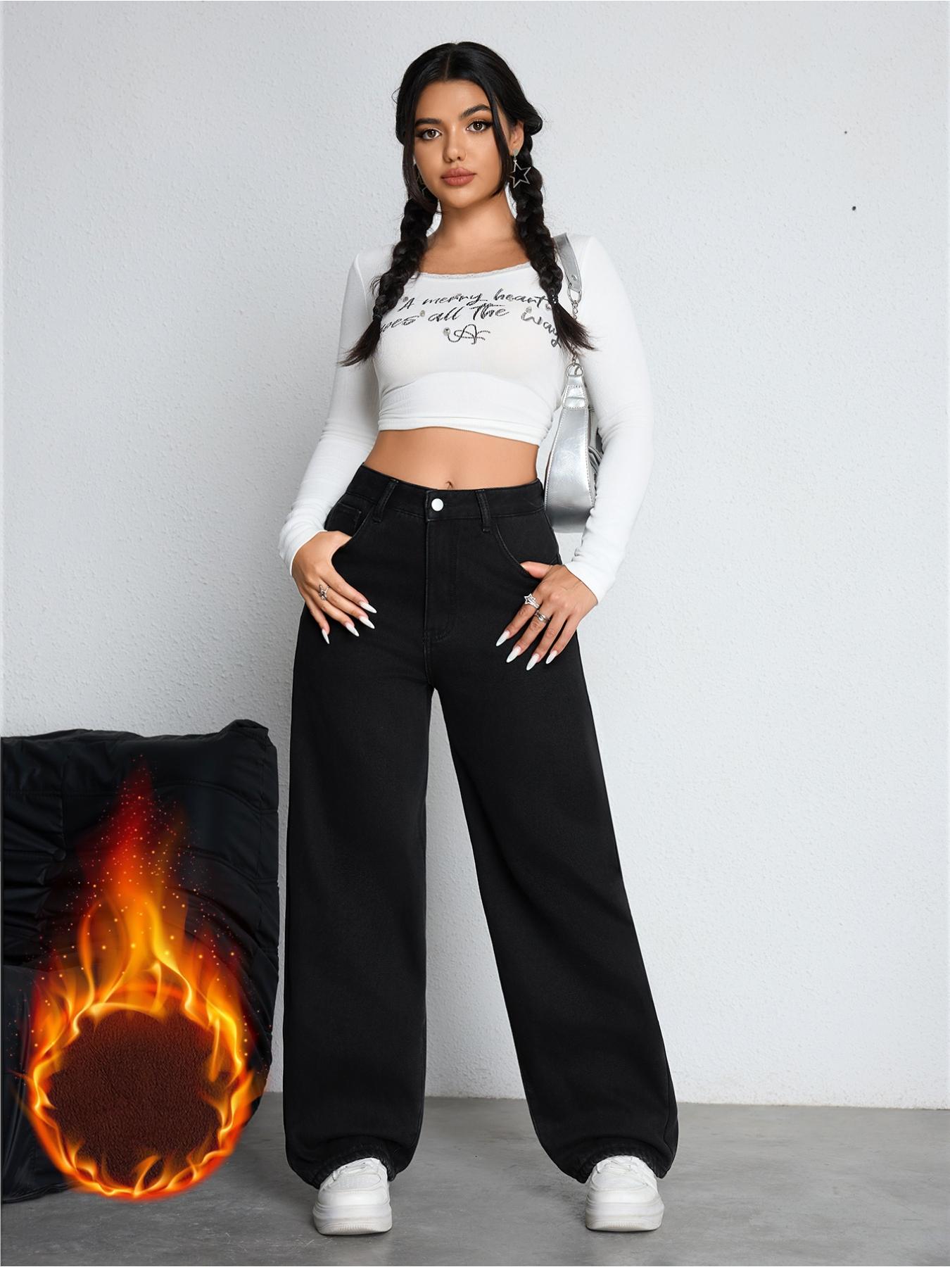 Women's Fleece Lined Thickened Fall Winter Wide Leg Jeans, Elegant Woven Fabric, Fashionable & Versatile, Chic, Straight Fit Denim Jeans, Bottom