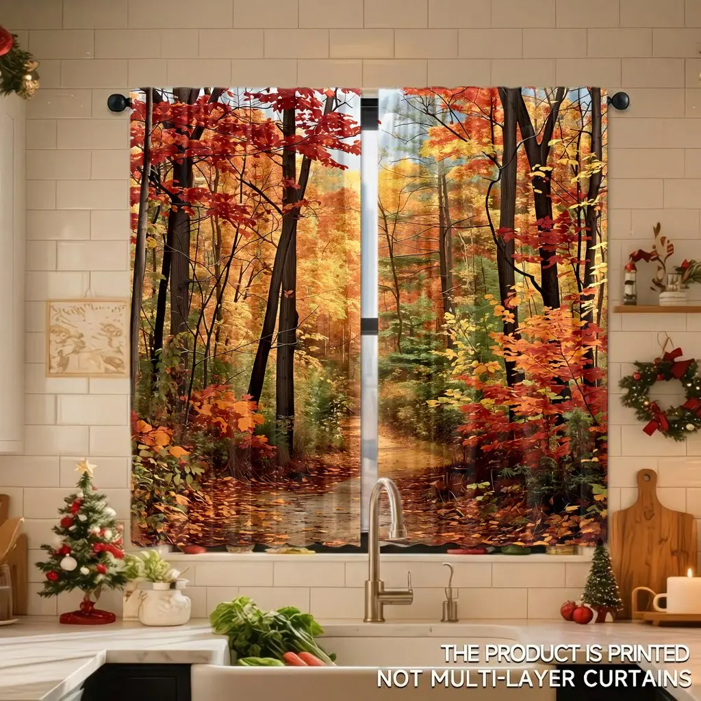 2Pcs Autumn Forest Pathway Window Curtains, Vibrant Fall Foliage Digital Print for Living Room, Bedroom, Study, Hotel, Restaurant Home Decoration, Light Filtering Privacy Protection