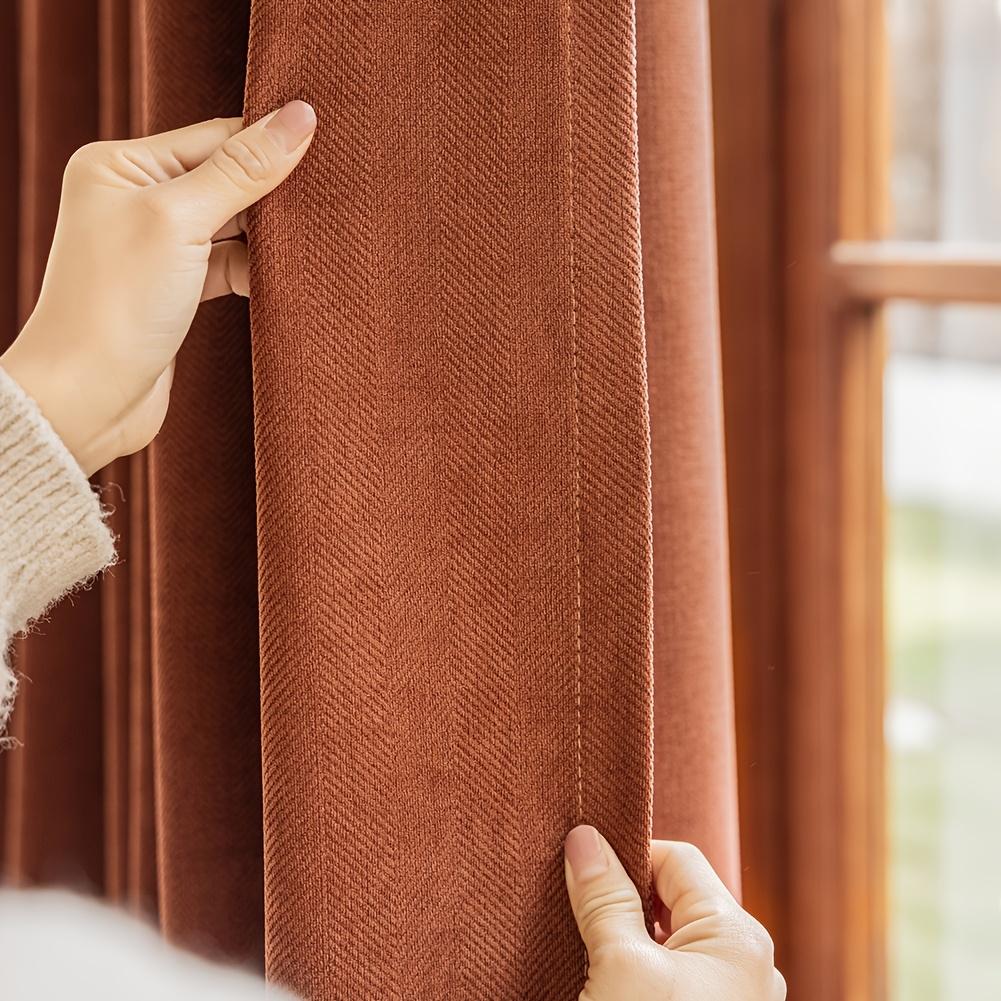 1pc Solid Herringbone Chenille Curtain, American Style Simple Perforated Curtain, Polyester Home Finished Perforated Curtain