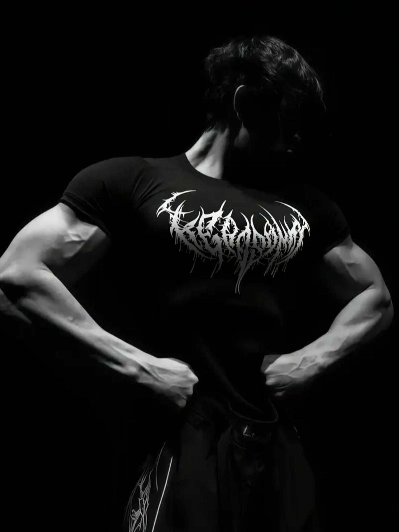 Men’s 2 Pack Gothic Workout T-Shirts, Cool Print Design, Stretch Fit Compression Shirts for Intense Training, Polyester Blend, Black White Set, Ideal for Gym, Strength Training, Streetwear & Casual Wear, High Stretch Sporty