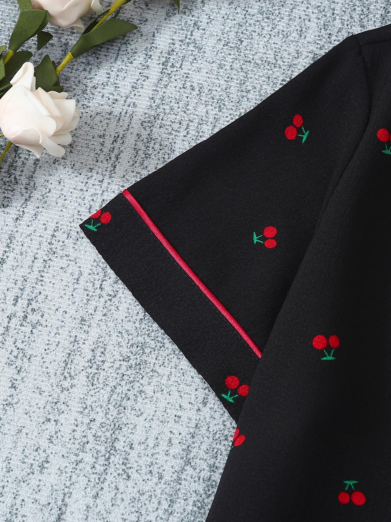 Women's 3-Piece Pajama Set, Cherry Print Button Front Top & Shorts Pants, Comfortable Sleepwear for Ladies, Casual Nightwear