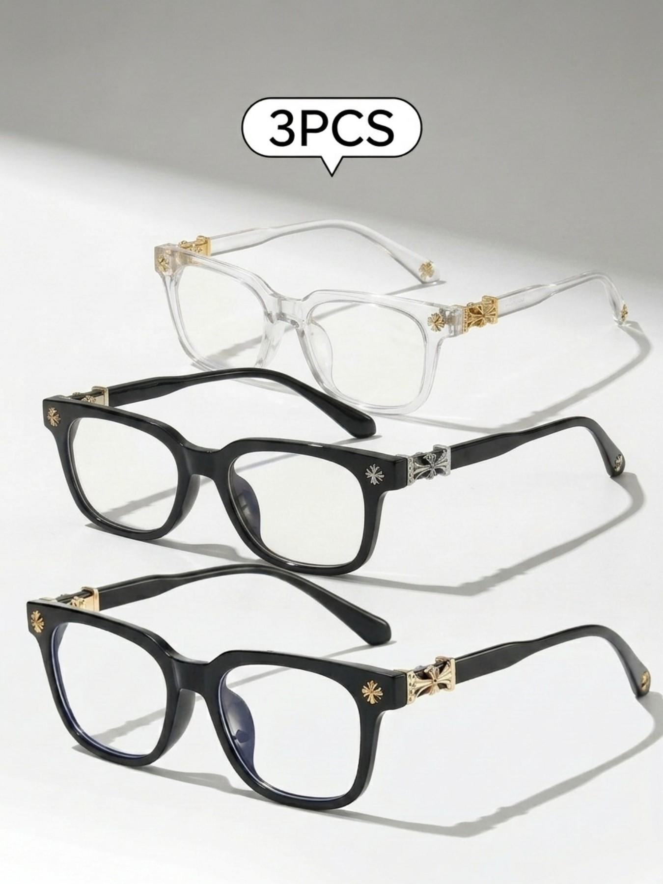 3PCS New Square Glasses, High Quality Eyewear, Unisex, Stylish Light Luxury Elegant Artsy Business Style Frames, Multiple Styles Available, Perfect Gift for Him, Suitable for Daily Wear and Decorative Photography Glasses, Square Frame Eyeglasses