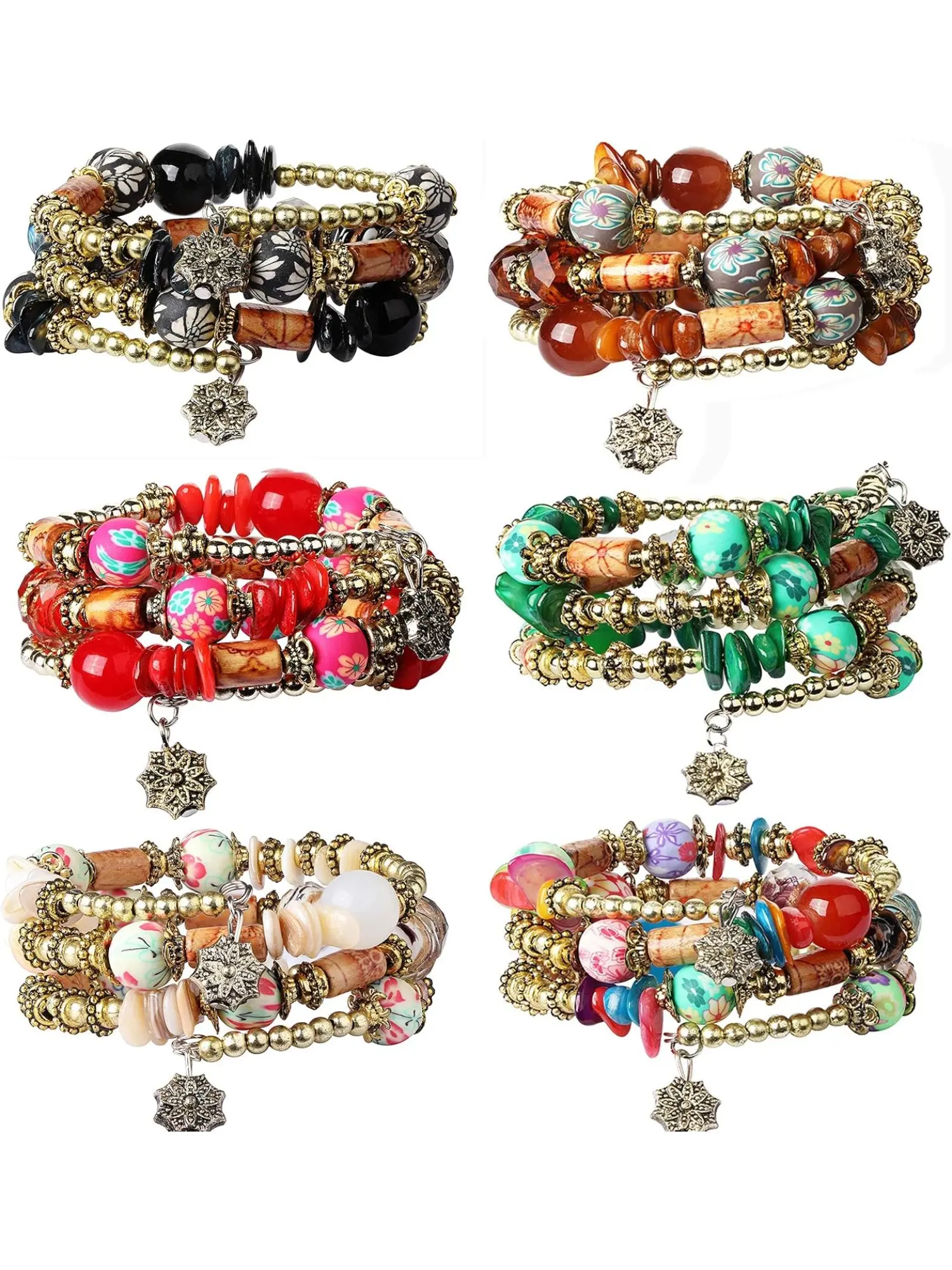 6 Sets Bohemian Stackable Beaded Bracelets for Women, Hand Chain Jewelry, Elastic Stretch Multicolor Layered Boho Bracelet Set, Ideal for Daily Wear Beach Vacation Party Birthday Gift Jewelry
