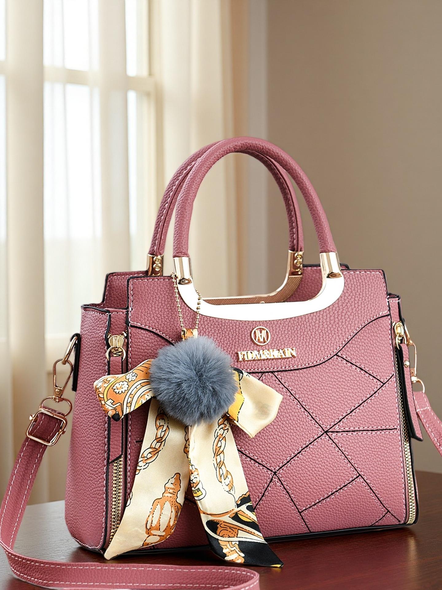 Large Capacity Women's Handbag, Stylish Durable Satchel for Daily Use, Elegant Plush Pendant, Available in Multiple Colors