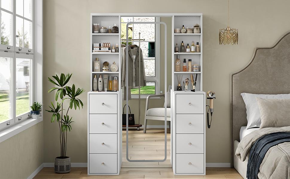 FUSOU Vanity Desk with Full Length LED Mirror, Tall Makeup Vanity with Power Outlet, 3 Color Modes, Brightness Adjustable, 8 Drawers with Shelves Vanity Table for Bedroom