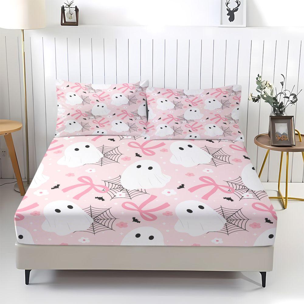 3Pcs Cute Pink Ghost Fitted Sheet Set, Aesthetic Spooky Halloween Bed Sheets Set, Soft Microfiber Bedding Set with Bows & Spiderweb Print for Girls Bedroom Decor No Fillers