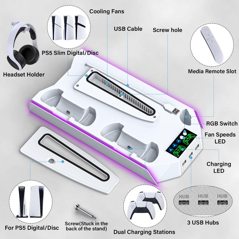 Cooling Stand for PS5 with Dual Controller Charging Base for PS5 Console Disc/Digital, 3 Levels Cooling Fan 3 USB Hub,  PS5 Accessories