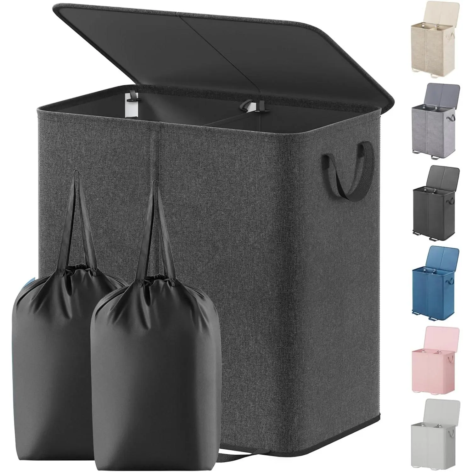 Double Laundry Hamper with Lid, Large 2 Section Laundry Basket with Removable Bags, Collapsible Dirty Clothes Organizer with Handles for Bedroom Bathroom Closet Dorm Room