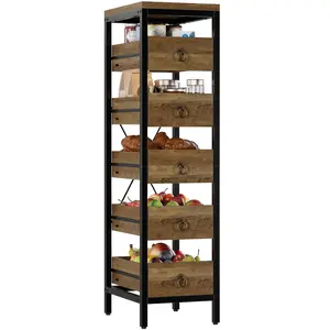 Garvee Kitchen Fruit Vegetable Storage Rack, 5-Tier Narrow Snack Fruit Display Stand with 5 Pull-Out Drawers Basket, Utility Organizer Standing Shelf for Kitchen Living Room Bathroom Supermarket, Brown