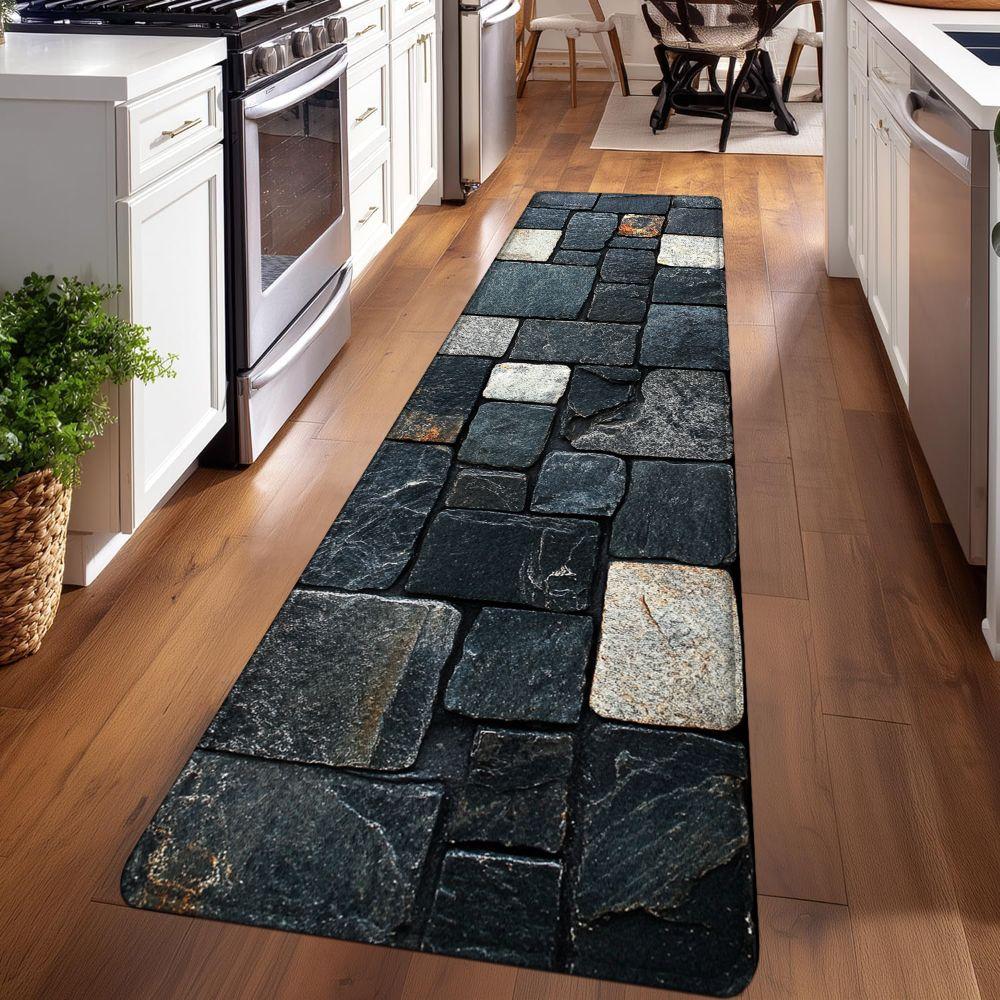 1PC， Black and White Stone Strip Splicing Patterned strip rugs, home décor, bathroom mats, entryway mats, bathroom non-slip mats, indoor entrance rugs, bedroom bedside mats, kitchen mats, hallway rugs, flannel sponge rugs, hallway runner rugs