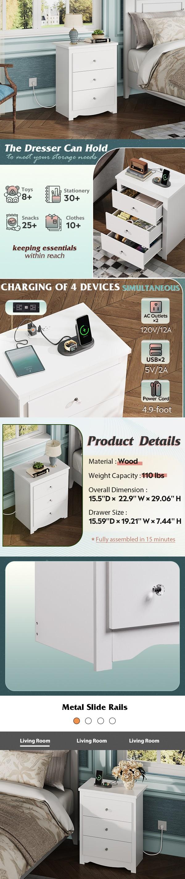 WLIVE Tall Nightstand with Charging Station, Wood Nightstand with 3 Drawers, End Table with 2 USB Ports and 2 AC Outlets, Side Tables Bedroom, Dorm, Bedside Table