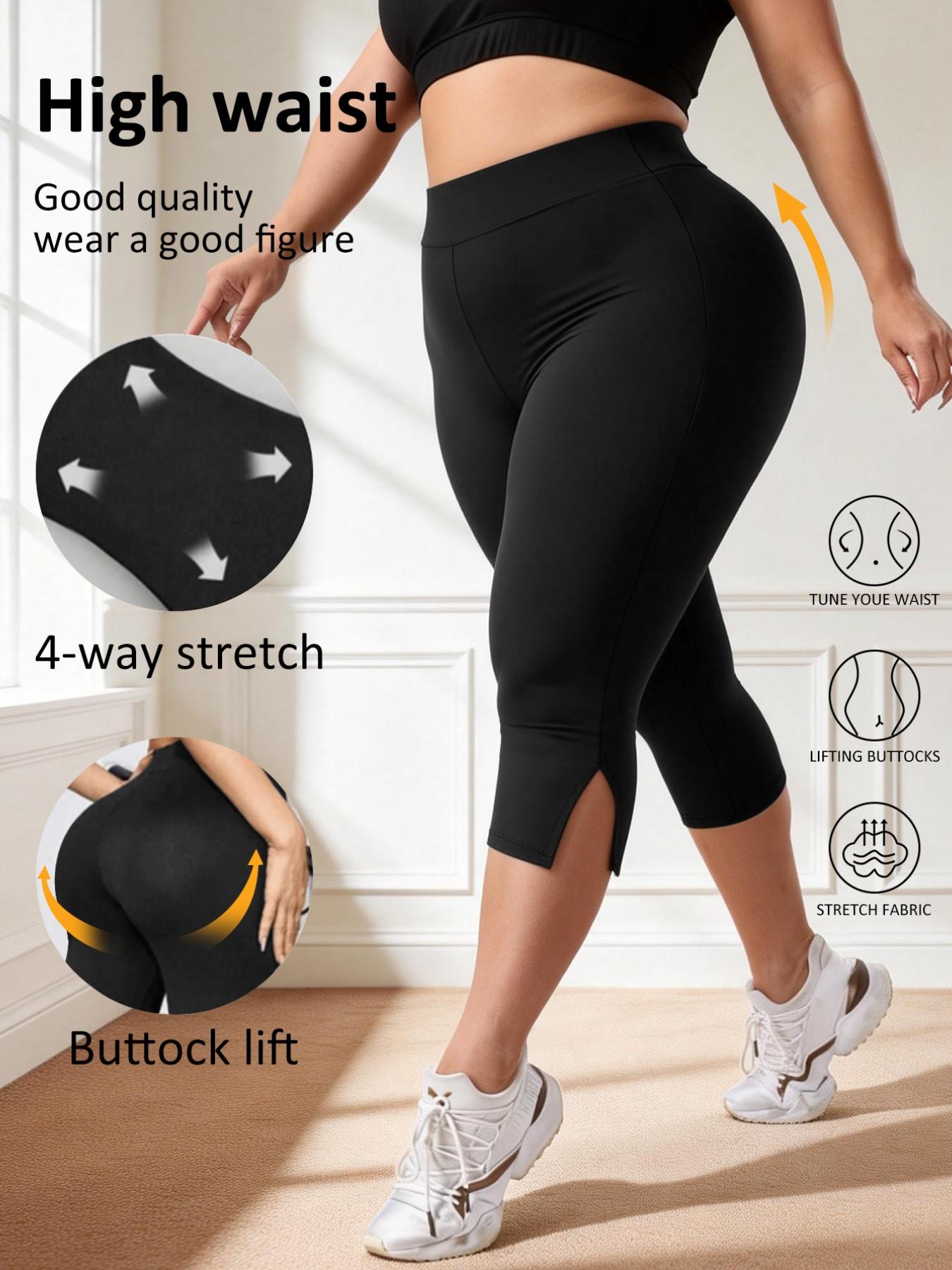 Women's Plus Size High Waist Seven-Quarter Pants, Split Thigh Design, High Elasticity Abdominal Control Tight Fit, Soft Comfortable Fabric, Gym Workout Leggings