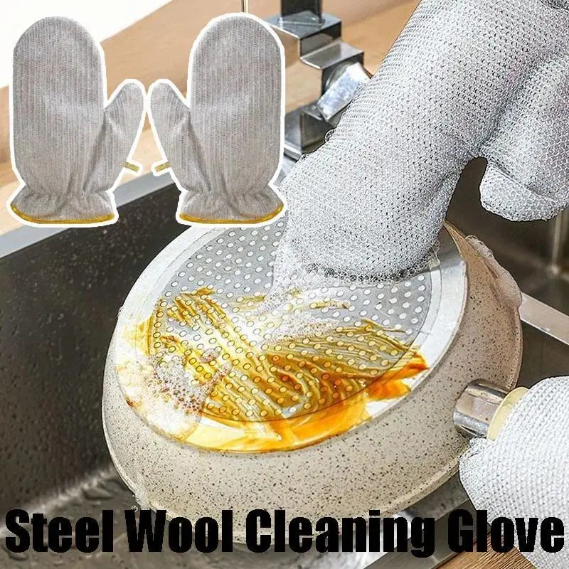 Steel Wool Cleaning Glove Dishwashing Scrubber Heat Resistant Scourer Multi-Purpose Household Cleaner Silver Wire Scrubber