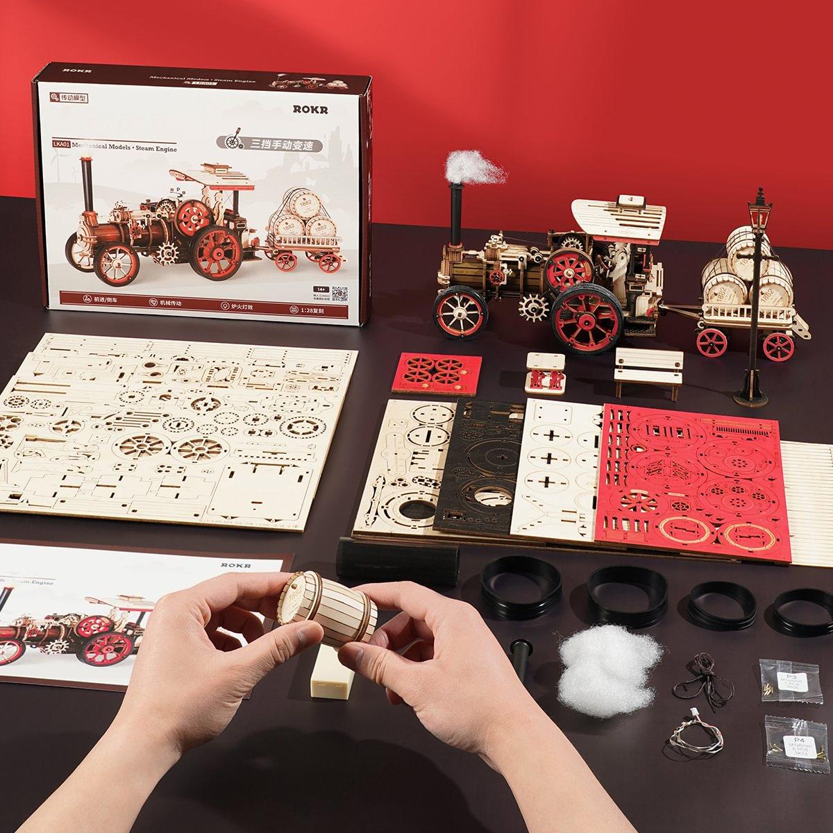 【self-assembly puzzle】ROKR 3D Puzzle for Adults Steam Engine Tractor Locomotive Model Kit Electric Vintage Car Assembly Wooden Puzzles Vehicle Hobbies for Men Birthday Christmas