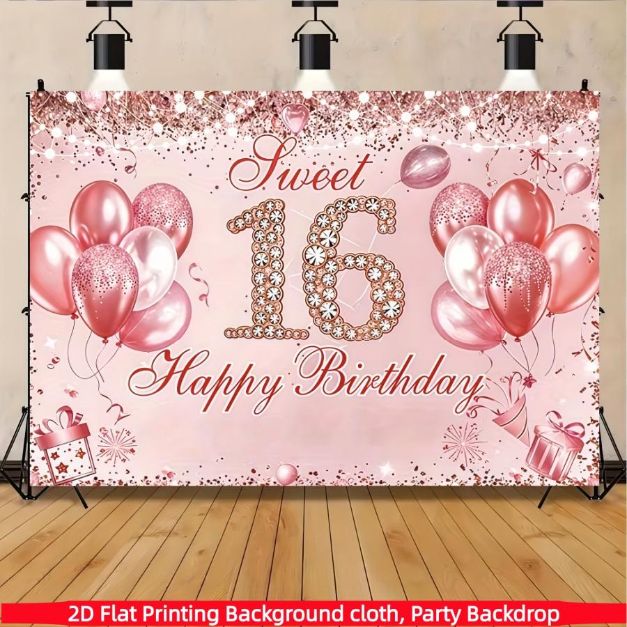 Diamond Sweet 16th Birthday Backdrop Banner, Balloon Sign, Polyester Material, Party Decor, Indoor Outdoor, Gift Idea