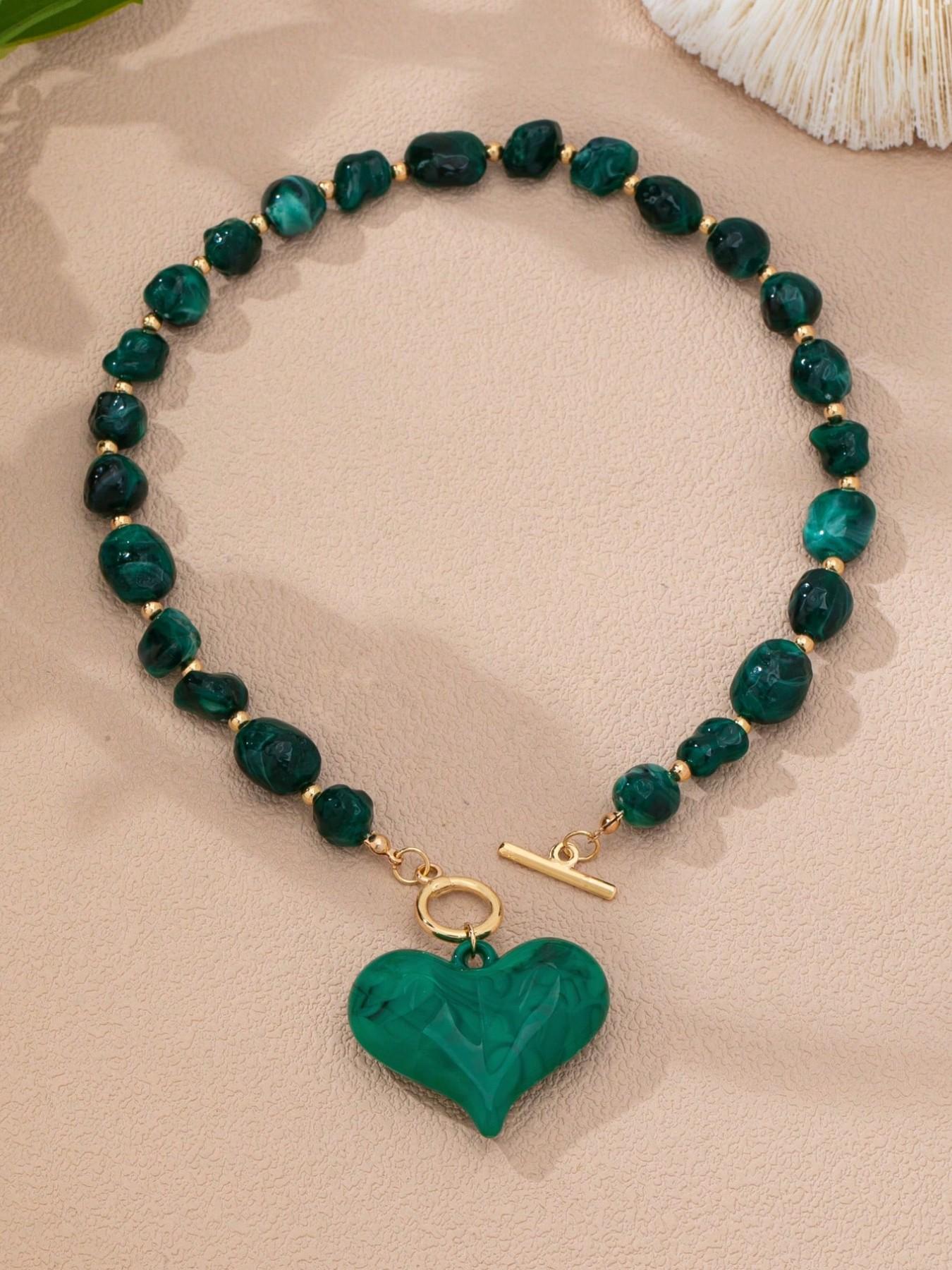 3Pcs Vintage Chunky Beaded Resin Heart Pendant Necklaces for Women, Statement Necklaces with Toggle Clasp, Trendy Jewelry Gift for Parties & Daily Wear, Casual Jewelry